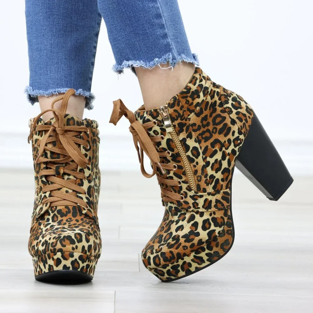Leopard Platform Ankle Boots High Heel Leopard Faux Suede Lace-Up Block - Picture 10 of 12